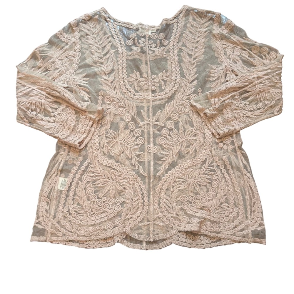 Ultra Pink Blouse Womens Pink Sheer Mesh Floral Embroidered Lace Top S - Picture 2 of 6
